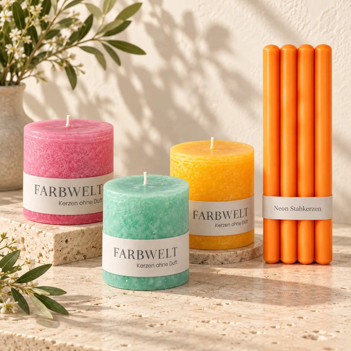 Schulthess Farbwelt Stumpenkerzen und orange Neon-Stabkerzen