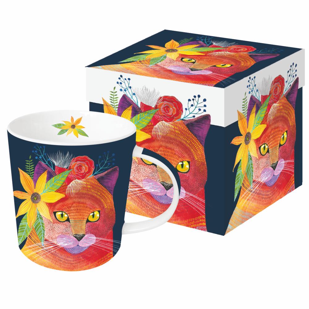 PPD Porzellantasse „Mandarine“ mit farbenfrohem Katzenmotiv von Gennine D. Zlatkis, leuchtend orange und floral gestaltet, inklusive passender Geschenkbox.