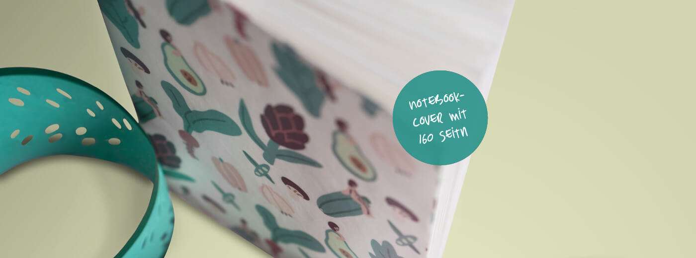 Headerbild für Notizbücher von I Like Paper: stilvolles Softcover-Notizbuch mit verspieltem Muster aus Pflanzen und Flaschen, modern inszeniert mit pastellgrünem Hintergrund und runder Typografie.
