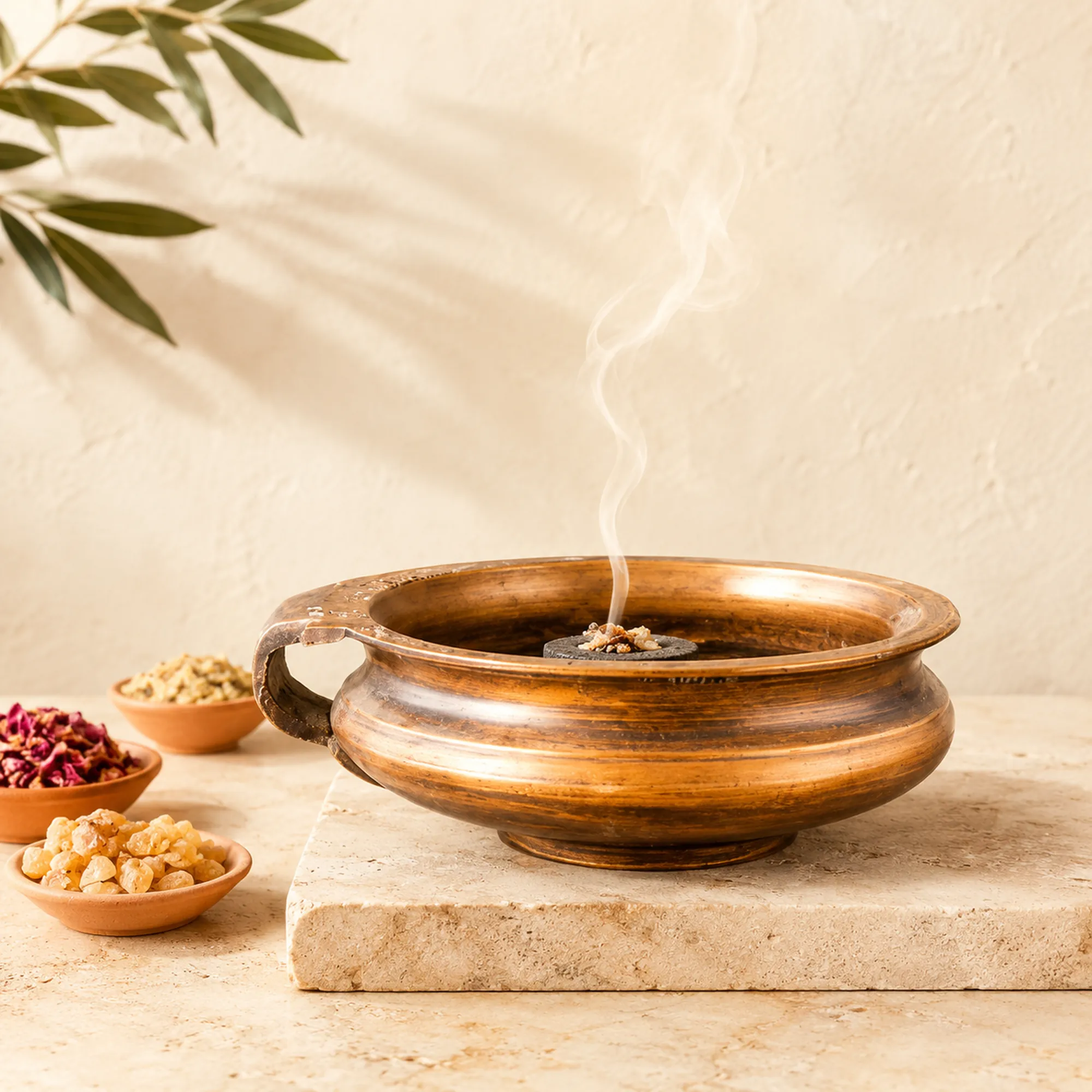 Flache Berk Räucherschale in Bronzeoptik mit seitlichem Griff, Räucherkohle und Harzen auf hellem Naturstein