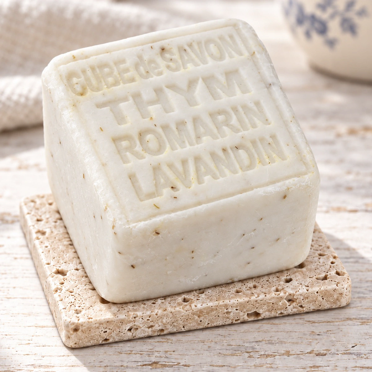 Maitre Savonitto Kräuterseife Thymian Rosmarin Lavandin auf Travertin