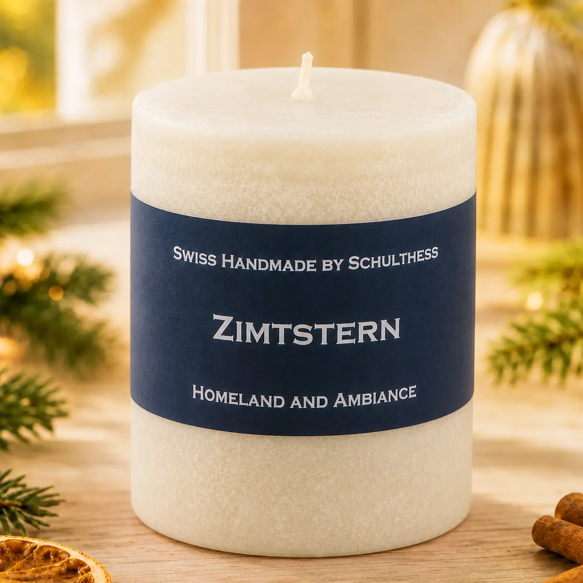 Cremefarbene Schulthess Duftkerze Zimtstern in festlicher Weihnachtsatmosphäre