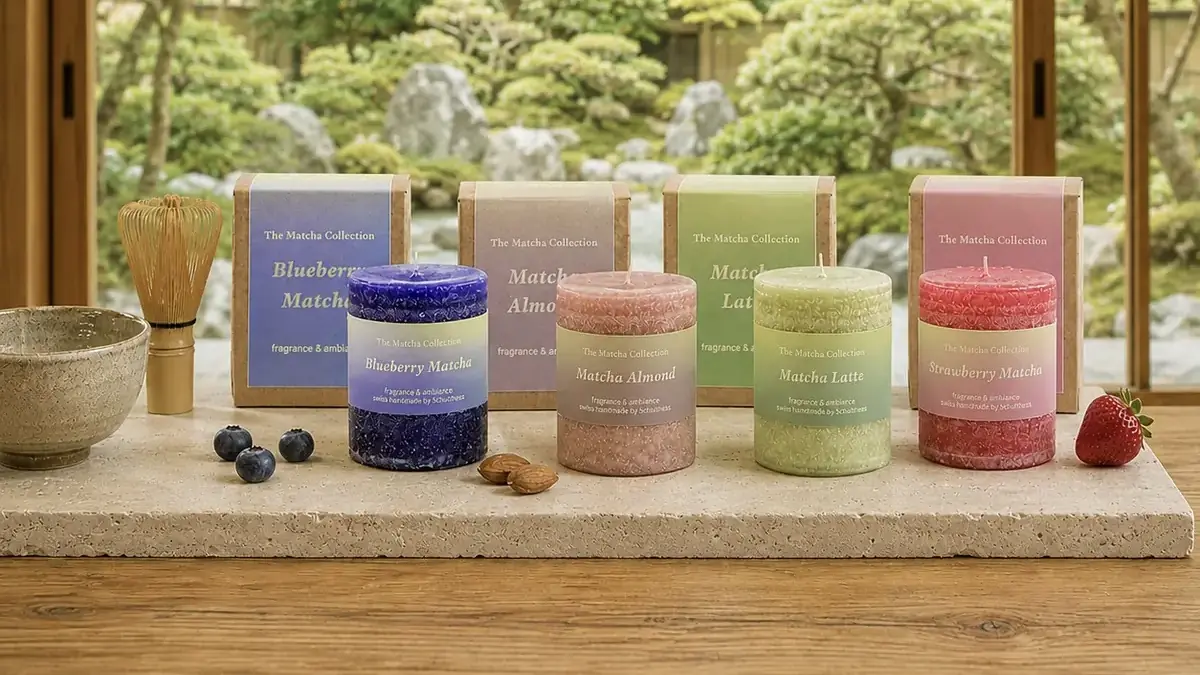 Schulthess Matcha Collection Duftkerzen in vier Duftrichtungen mit passenden Verpackungen vor einem japanischen Garten