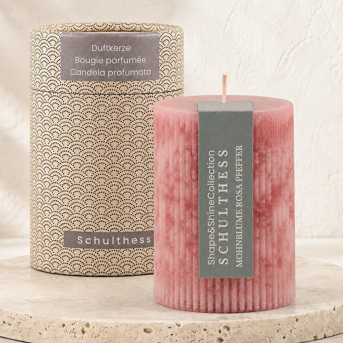 Schulthess Shape & Shine Duftkerze Mohnblume Rosa Pfeffer mit Verpackung