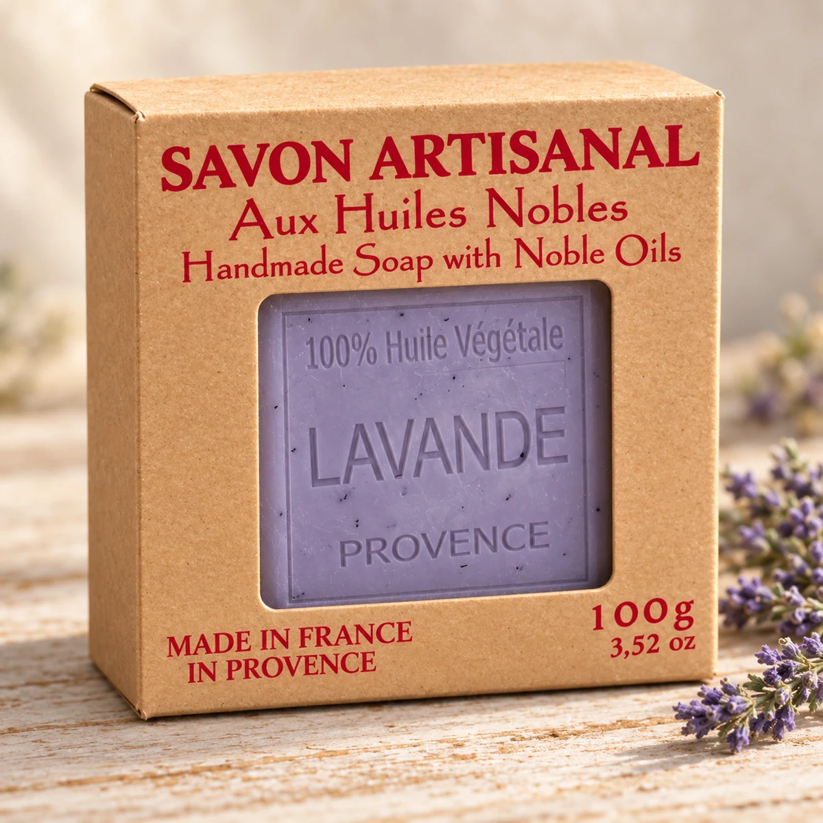 Maître Savonitto Seife Lavendel in vollständig sichtbarer Kraftkartonverpackung mit Sichtfenster, neben Lavendelzweigen auf hellem Holz.