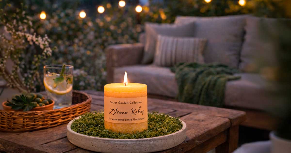 Schulthess Duftkerze Zitrone Kokos im Garten – stimmungsvolle Abendbeleuchtung mit Kerze auf Holztisch und Lounge im Hintergrund