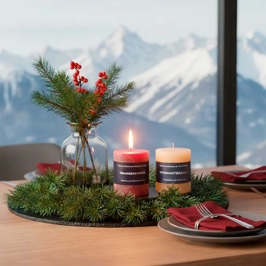 Weihnachtliche Tischdekoration mit zwei brennenden Schulthess Duftkerzen, Tannengrün und Glasvase vor Panorama aus schneebedeckten Bergen – stimmungsvolle Winter-Deko im Chalet-Stil.