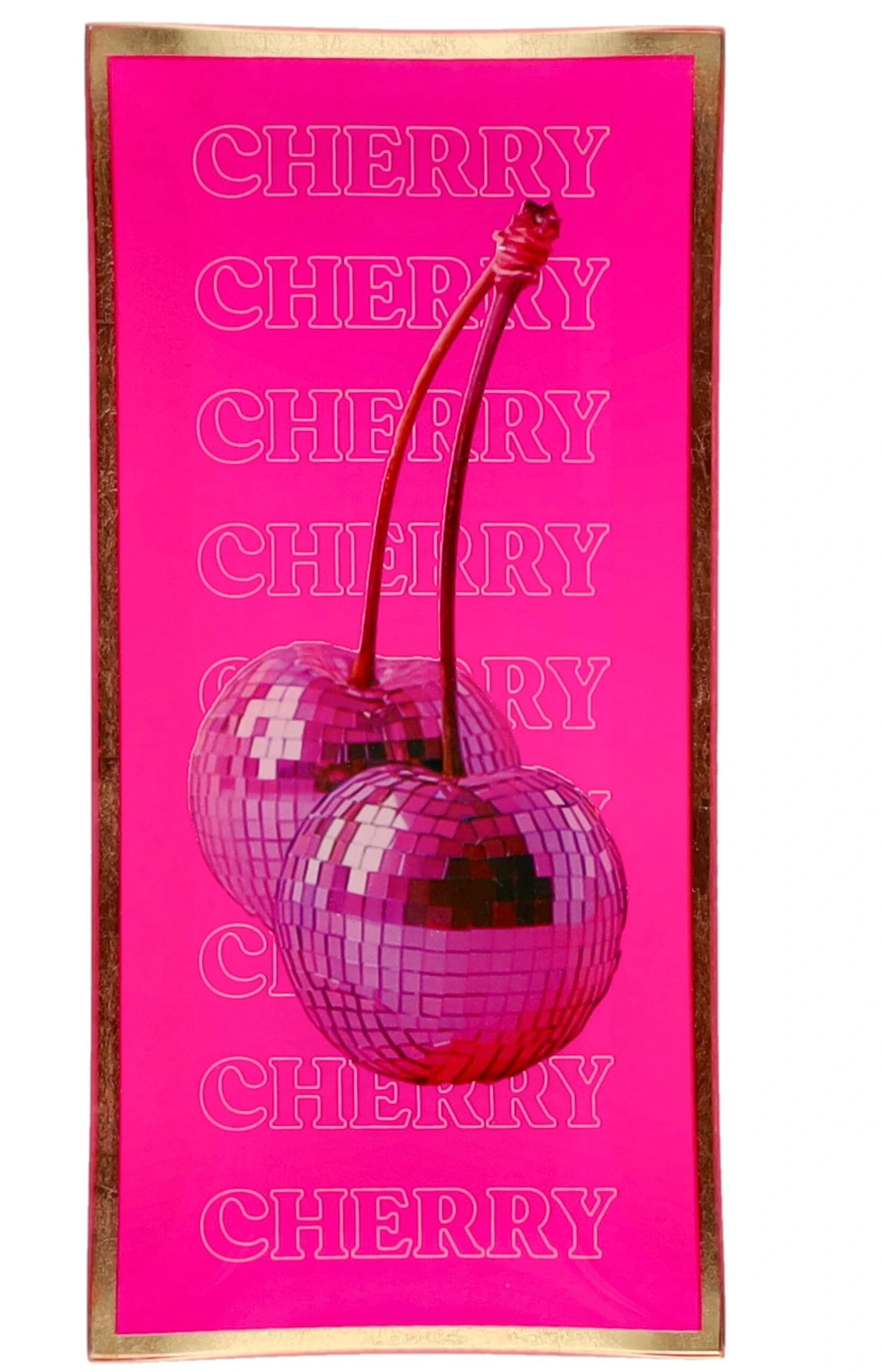 Rechteckiger Love Plates Glasteller in Pink mit zwei Kirschen in Discokugel-Optik, wiederholtem „Cherry“-Schriftzug und Goldrand.