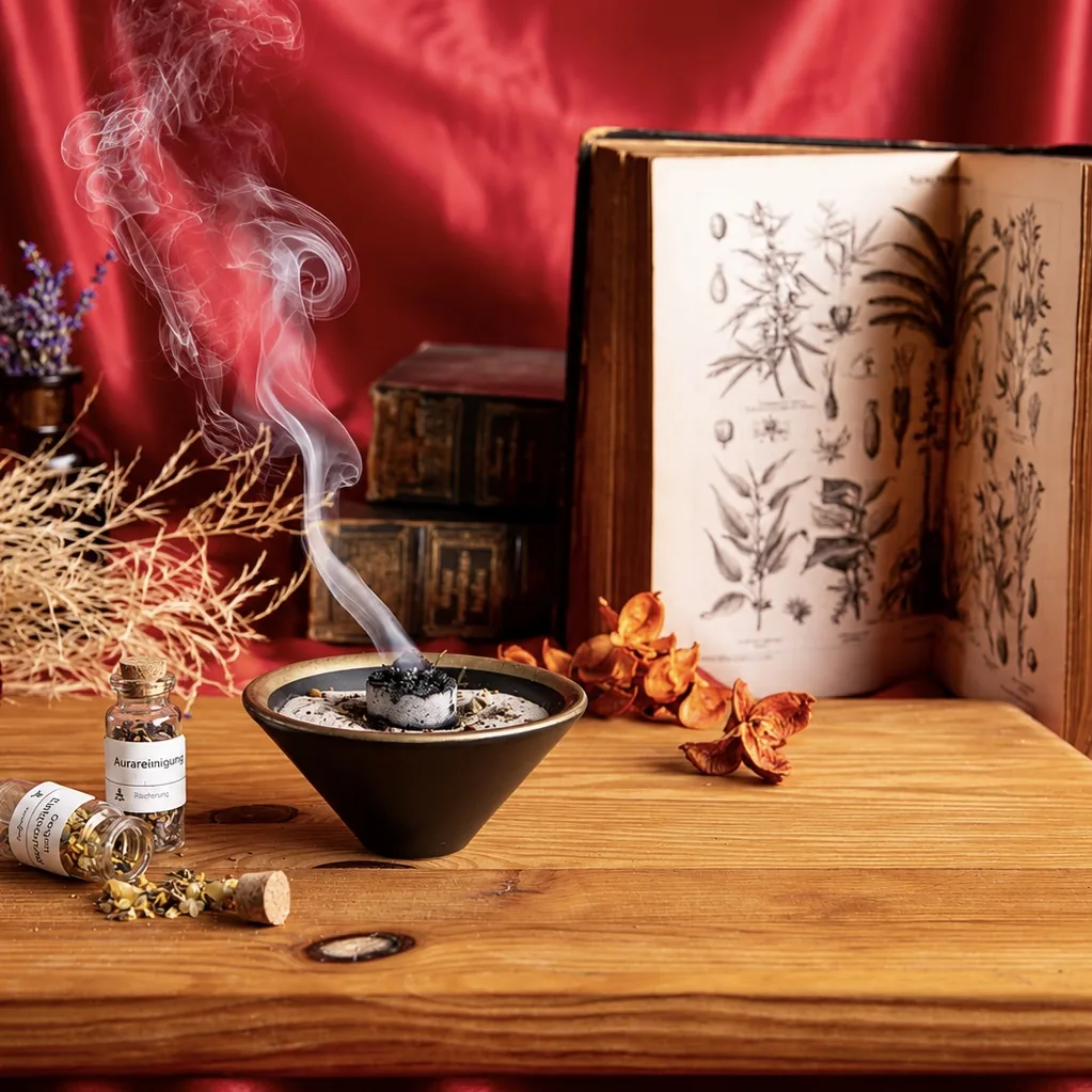 Räucherset von Berk mit Räucherschale, Kräutern und geöffnetem Kräuterbuch als Inspiration für traditionelle Räucherrituale.