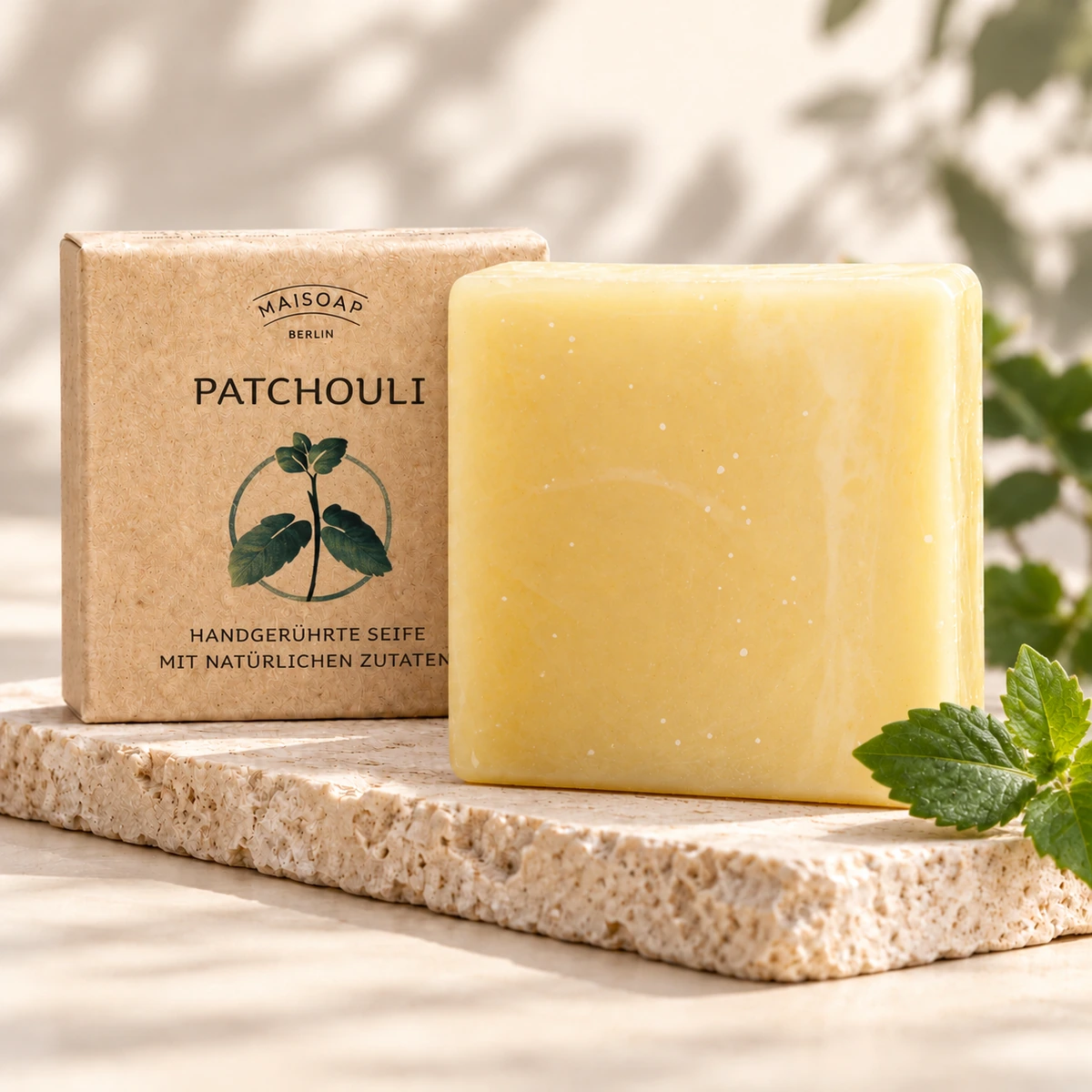 Maisoap Patchouli-Seife mit Verpackung und grünen Patchouliblättern auf heller Steinplatte