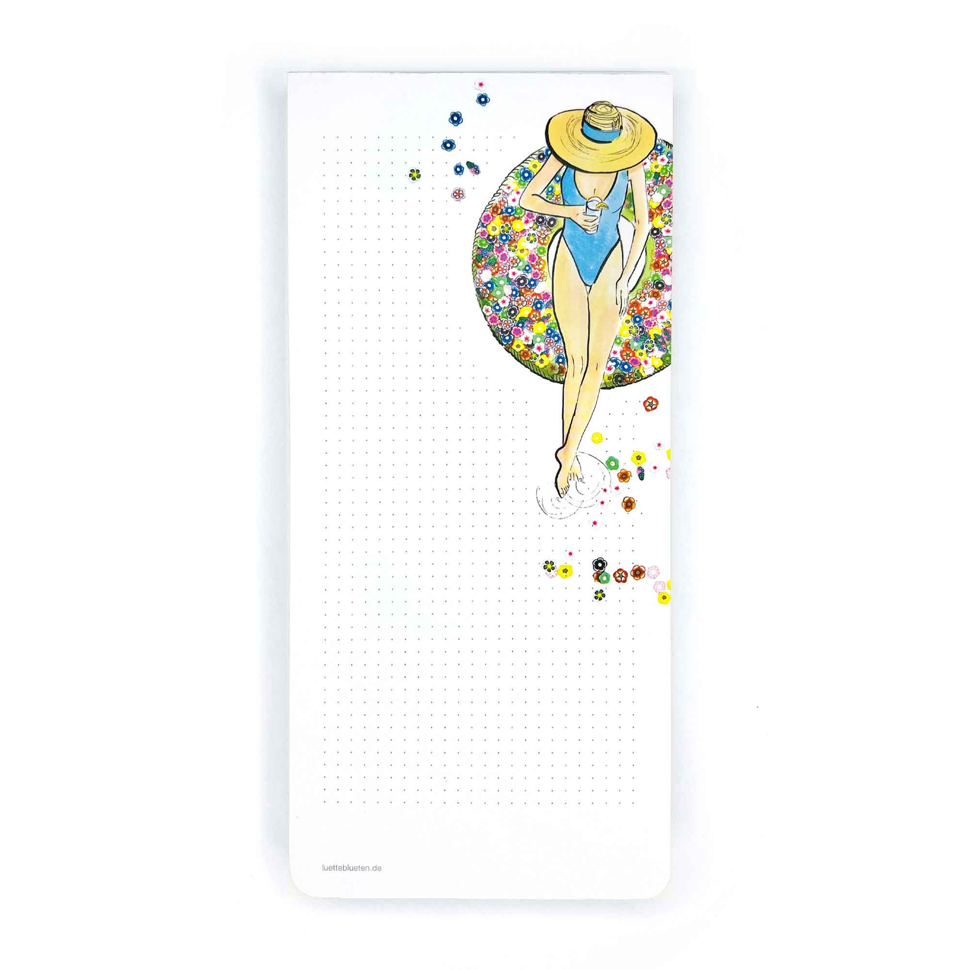 Illustration von Lütteblüten: Eine Frau im blauen Badeanzug und Sonnenhut relaxt mit einem bunten Schwimmreifen auf einem punktkarierten Notizblock – sommerlich, verspielt und stilvoll.