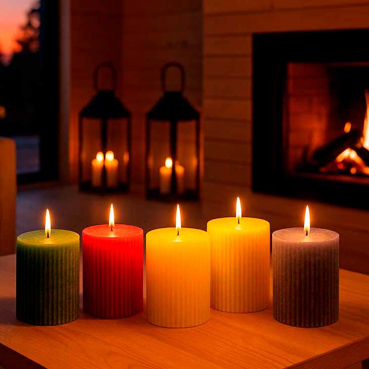 Fünf brennende Stumpenkerzen in Grün, Rot, Gelb, Orange und Grau stehen auf einem Holztisch vor einem Kamin. Im Hintergrund leuchten Laternen mit Kerzen und schaffen eine warme, gemütliche Atmosphäre.