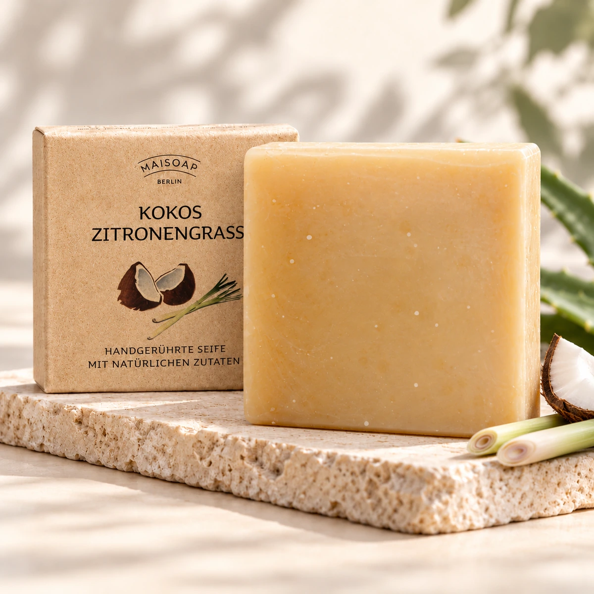 Maisoap Kokos-Zitronengras-Seife mit Verpackung, Kokosstück und Zitronengras auf heller Steinplatte