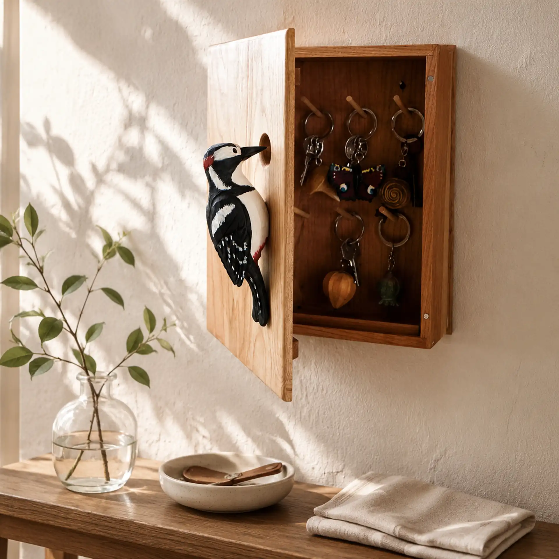 Geöffnetes Wildlife Garden Schlüsselkästchen mit handgeschnitztem Buntspecht