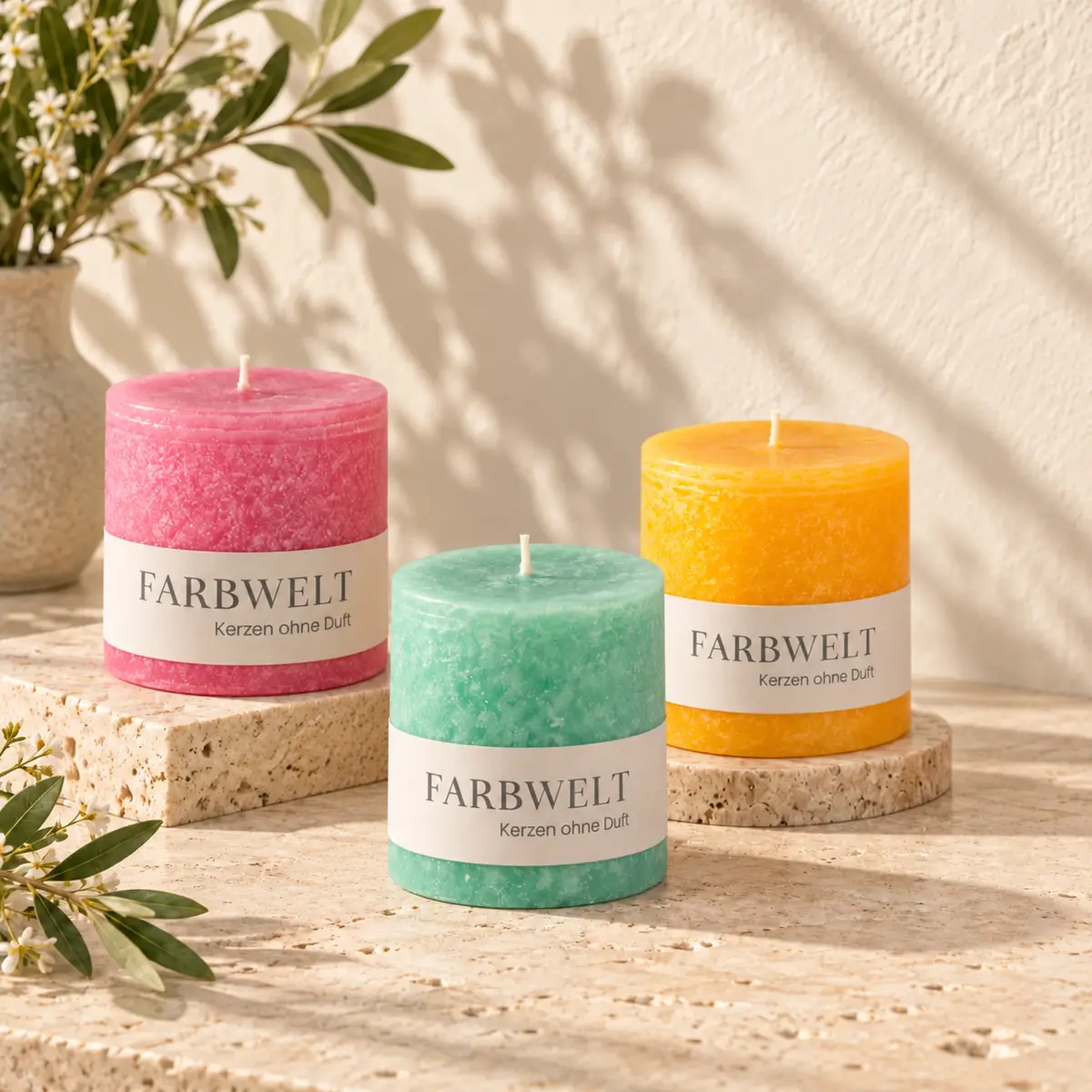 Drei farbenfrohe Schulthess FARBWELT Stumpenkerzen ohne Duft in Pink, Türkis und Gelborange auf hellem Travertin mit Olivenzweigen.
