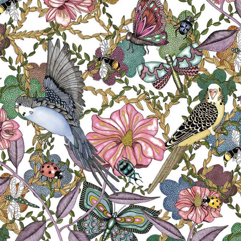 PPD Servietten „Birds & Flowers“ mit detailreichen Sittichen, Schmetterlingen und Blumen in leuchtenden Farben – elegantes Naturmotiv für stilvolle Tischdekoration.
