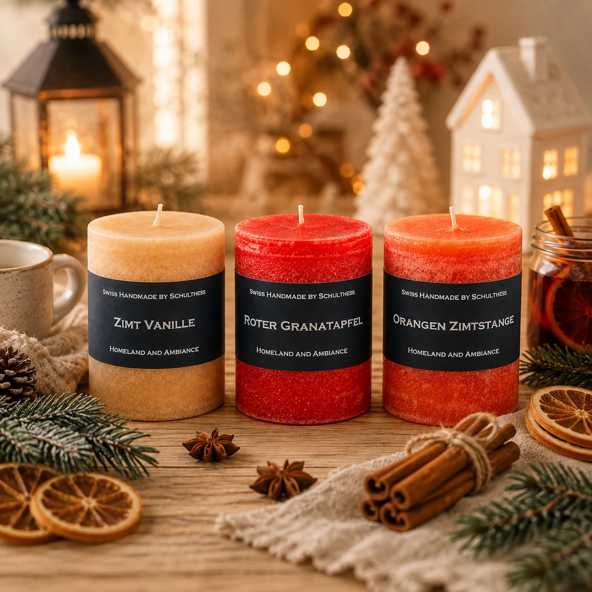 Schulthess Duftkerzen Wintergewürze mit Zimt, Orange und winterlicher Dekoration