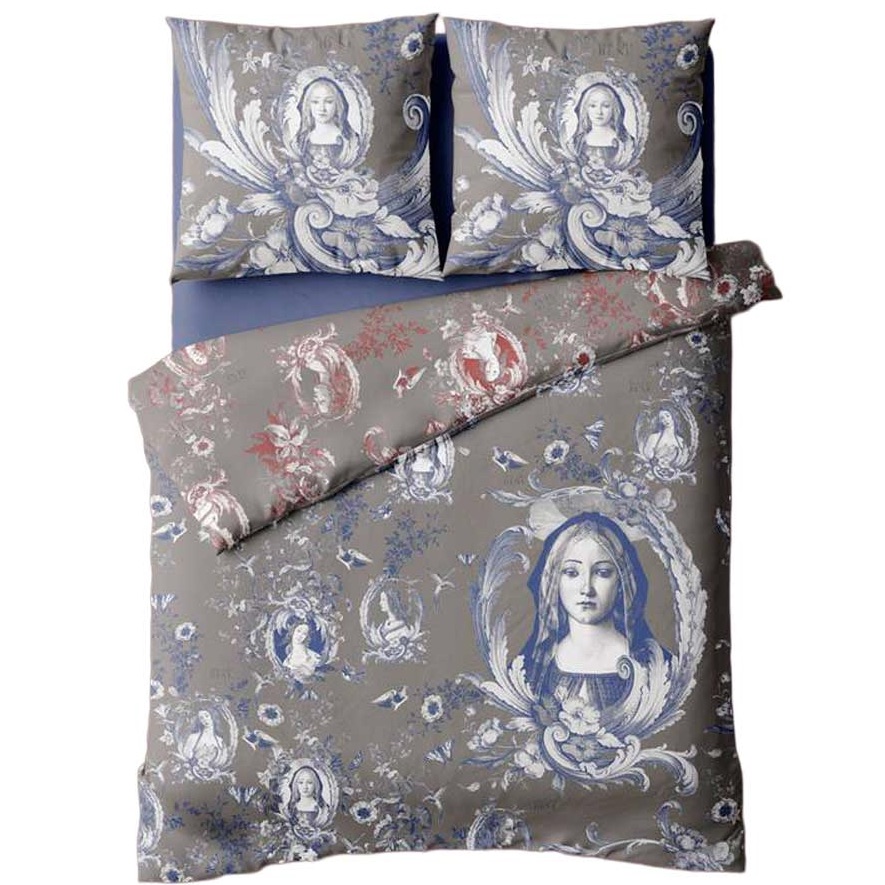 Voglio Bene Bettwäsche „Simonetta“ 220x240 – luxuriöse Baumwoll-Perkal Bettwäsche mit kunstvollen Porträts und Blumenmotiven in Blau/Grau. Elegantes Designer Bettwäsche-Set.