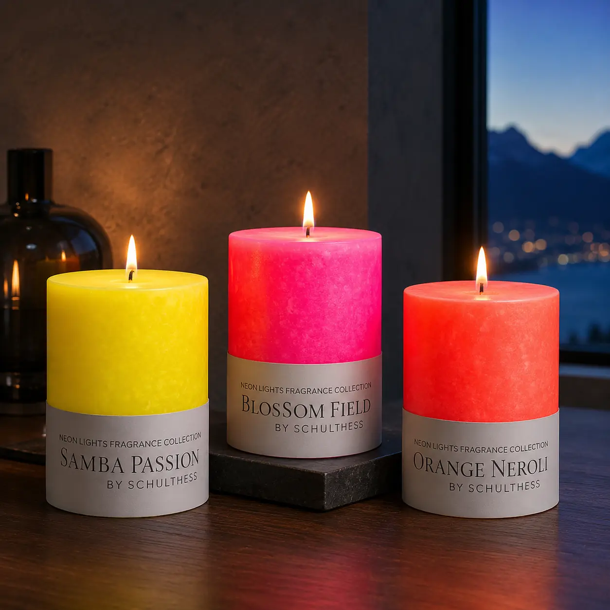 Schulthess Neon Lights Duftkerzen Samba Passion, Blossom Field und Orange Neroli