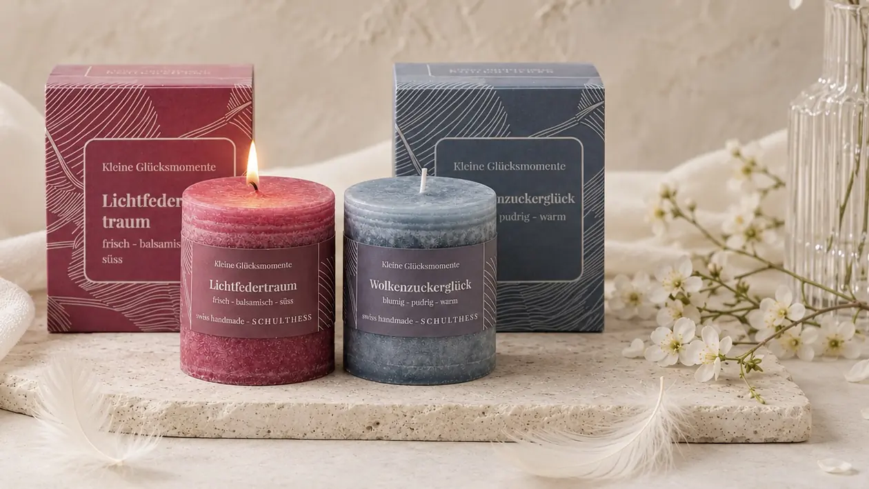 Schulthess Duftkerzen Lichtfedertraum und Wolkenzuckerglück mit Verpackungen, weißen Blüten und zarten Federn auf hellem Travertin