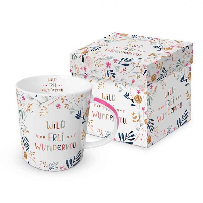 PPD Porzellantasse „Wild Frei Wundervoll“ mit farbenfrohem Schriftzug und floralen Mustern – fröhliches Design mit Geschenkbox, perfekt als Geschenkidee oder Motivation im Alltag.