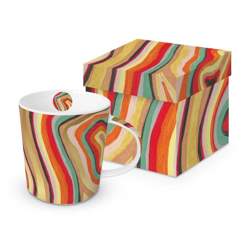 PPD Porzellantasse „Colourful Stripes“ mit farbenfrohem Streifenmuster in warmen Tönen – modernes Design mit passender Geschenkbox, ideal für Kaffee- oder Teeliebhaber.