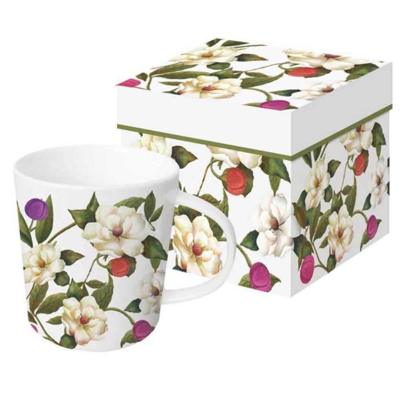PPD Porzellantasse „Southern Magnolias“ mit elegantem Magnolienmotiv in zarten Weiß- und Grüntönen, inspiriert vom klassischen Südstaaten-Flair, inklusive Geschenkbox.