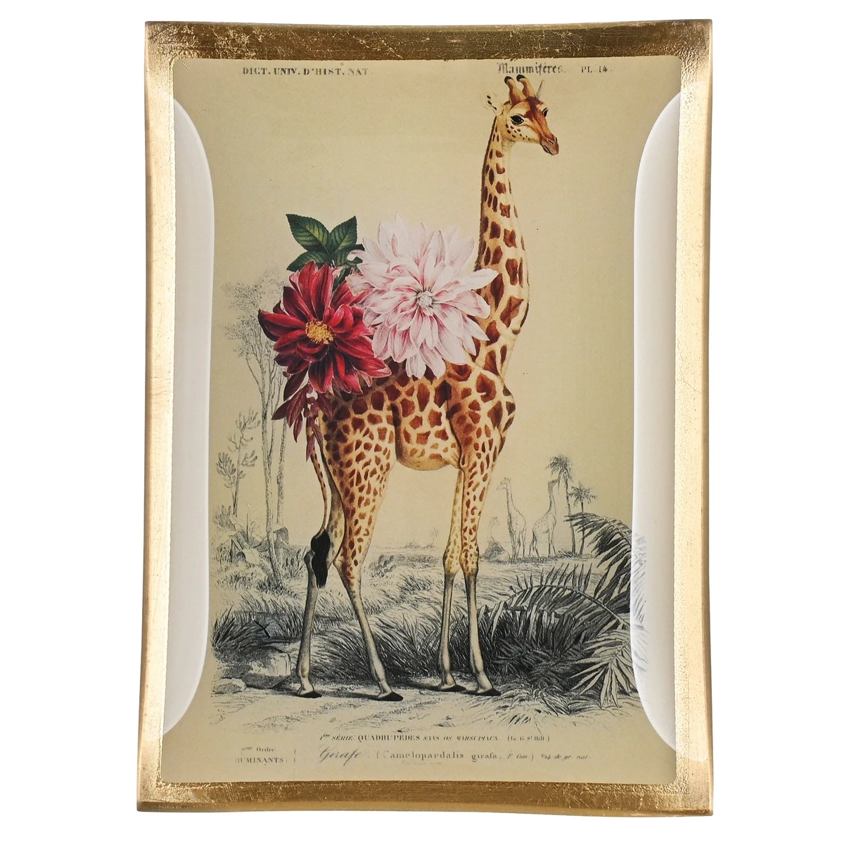 Rechteckiger Love Plates Glasteller mit Giraffe, rosa und dunkelroten Blüten auf nostalgischem Landschaftsmotiv und Goldrand.
